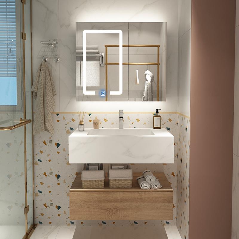 Original woodgrain bathroom vanity with white sink
